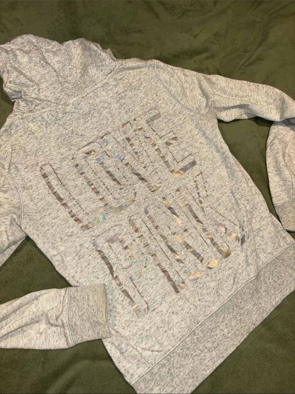 victorias secret PINK Light Gray Hoodie Sweatshirt with Metallic “love pink”